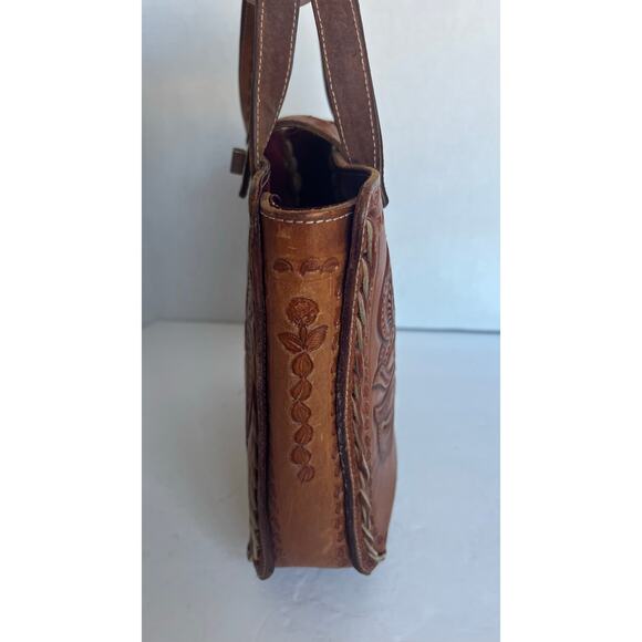 Brown Artisan Hand Tooled Rose Detail Brown Leather Tote Hand Bag Satchel Purse - Picture 2 of 10